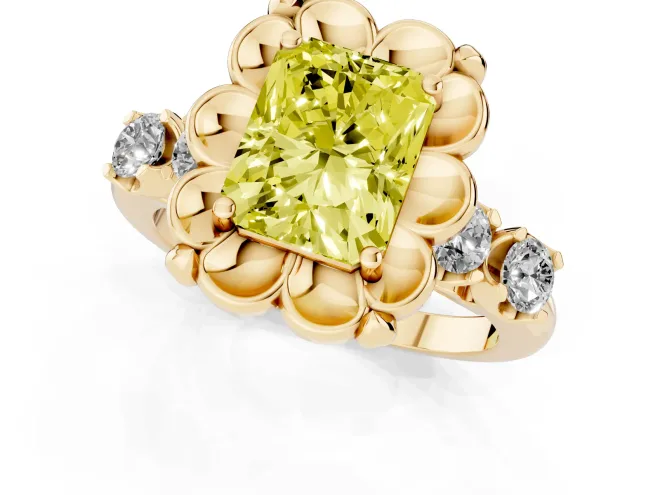 Fancy Yellow Radiant Cut Diamond Floral Halo Ring Set in Yellow gold with Shared Prong Band – second view