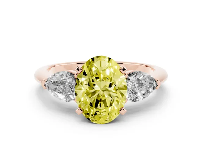 Oval Three-Stone Ring Setting for a Fancy Yellow Lab-Grown Diamond | Pear Side Stones | Rose Gold