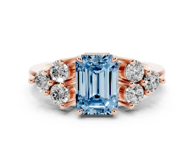 Fancy Blue Emerald Cut Diamond Solitaire Ring Set in Rose gold with Cluster Accents on Each Side