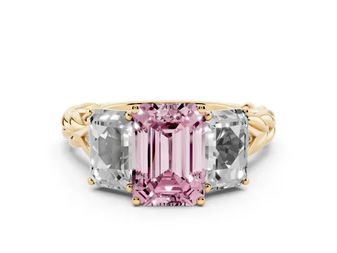 Emerald Cut Three Stone Engagement Ring Setting for a Fancy Pink Lab-Grown Diamond | Braided Band | Yellow Gold