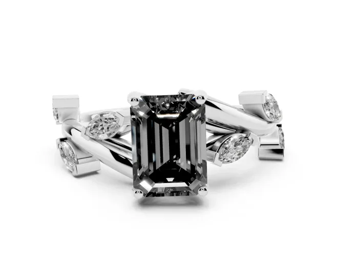 Fancy Black Emerald Cut Diamond Solitaire Ring Set in White gold with Twisted Marquise Accent Band