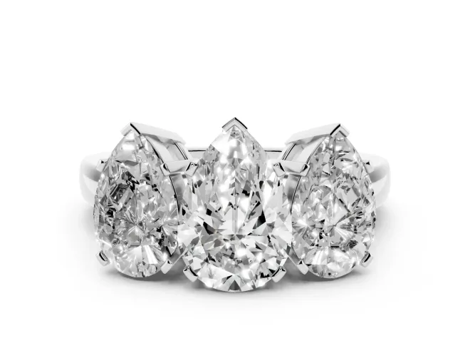 Pear Cut Diamond Three-Stone Ring Set in Platinum with Channel-Set Band and Prong Settings