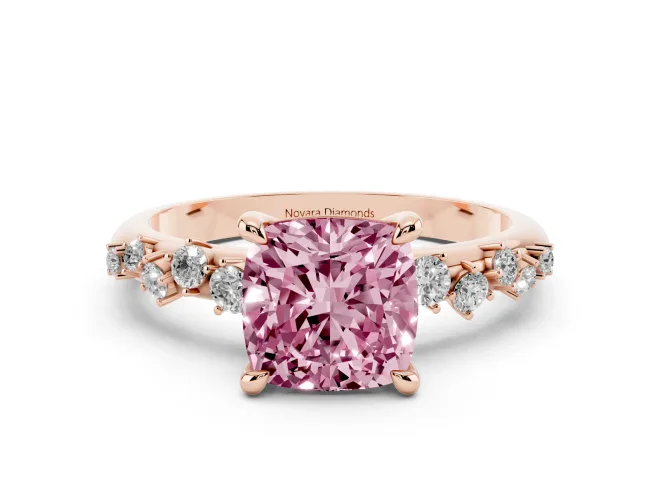 Fancy Pink Cushion Cut Diamond Solitaire Vine Band Ring Set in Rose gold with Round Accents and Prong Setting