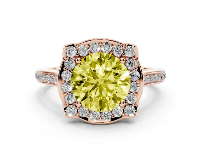 Round Halo Engagement Ring Setting for a Fancy Yellow Lab-Grown Diamond | Petal Tips | Rose Gold
