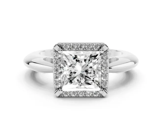 Princess Cut Diamond Halo Engagement Ring Set in Platinum with Plain Split Shank and Prong Setting