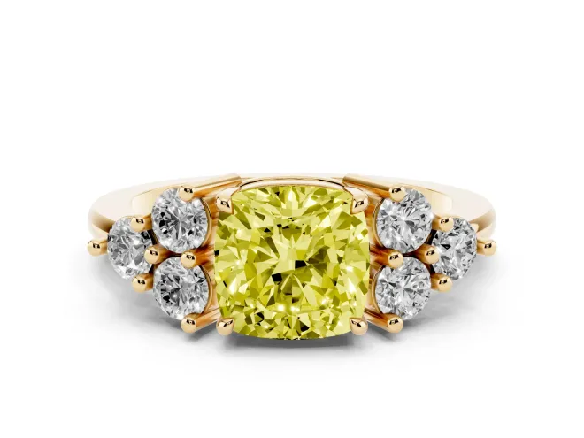 Cushion Cut Cluster Side Stone Engagement Ring Setting for a Fancy Yellow Lab-Grown Diamond | Plain Band | Yellow Gold