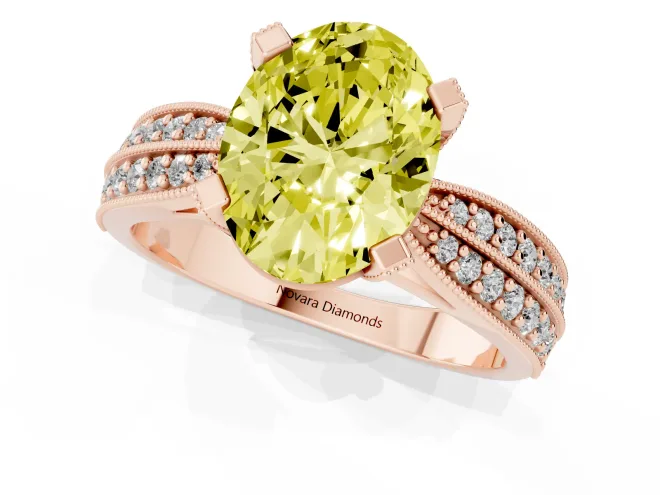 Fancy Yellow Oval Cut Diamond Solitaire Ring Set in Rose gold with Milgrain Double Row Round Pavé Band – second view