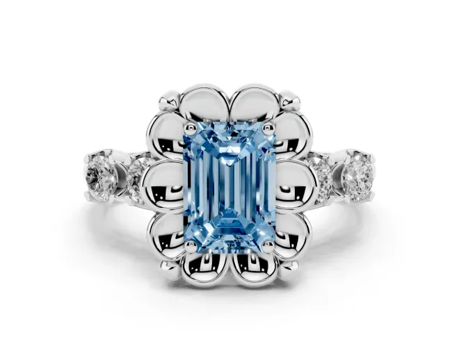 Emerald Cut Floral Engagement Ring Setting for a Fancy Blue Lab-Grown Diamond | Petal Frame | Sterling Silver