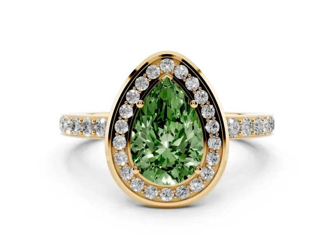 Fancy Green Pear Cut Diamond Halo Ring Set in Yellow gold with Bezel Frame and Pavé Band