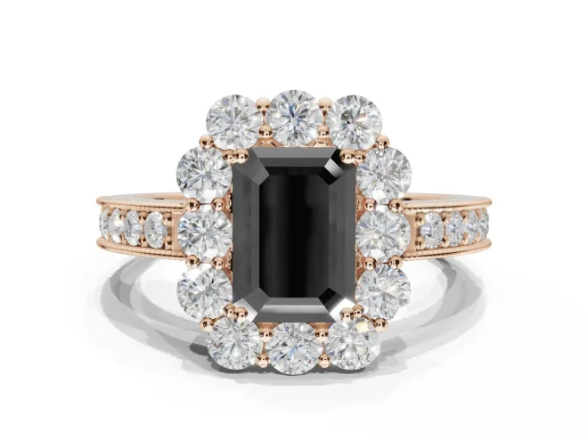 Emerald Cut Vintage Halo Engagement Ring Setting for a Black Center | Rose Gold