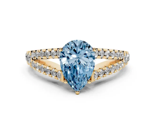 Fancy Blue Pear Cut Diamond Split Shank Pavé Engagement Ring Set in Yellow gold with Prong-Held Center Stone