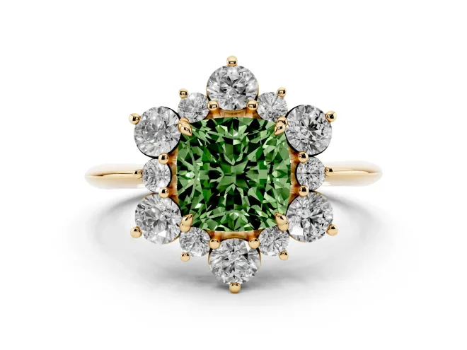 Cushion Cut Cluster Halo Engagement Ring Setting for a Fancy Green Lab-Grown Diamond | Yellow Gold