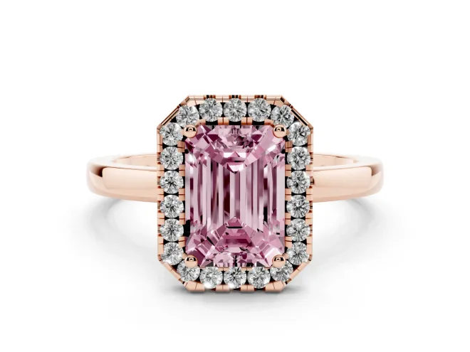 Emerald Cut Thin Halo Engagement Ring Setting for a Fancy Pink Lab-Grown Diamond | Plain Polished Band | Rose Gold
