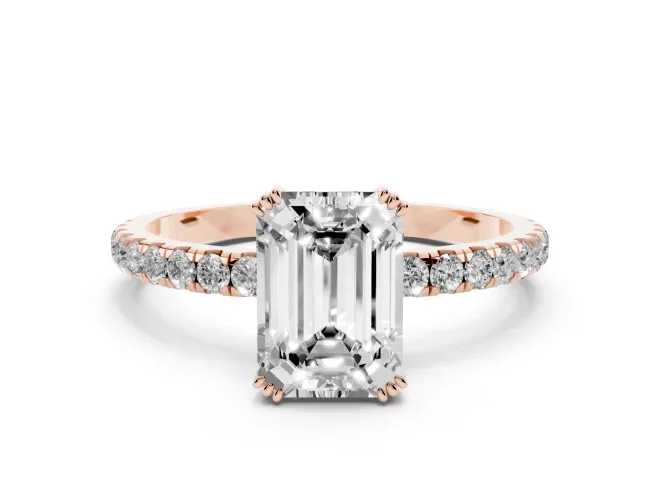 Emerald Cut Diamond Brilliant Solitaire Set in Rose gold with Pavé Band and Claw Prong Setting
