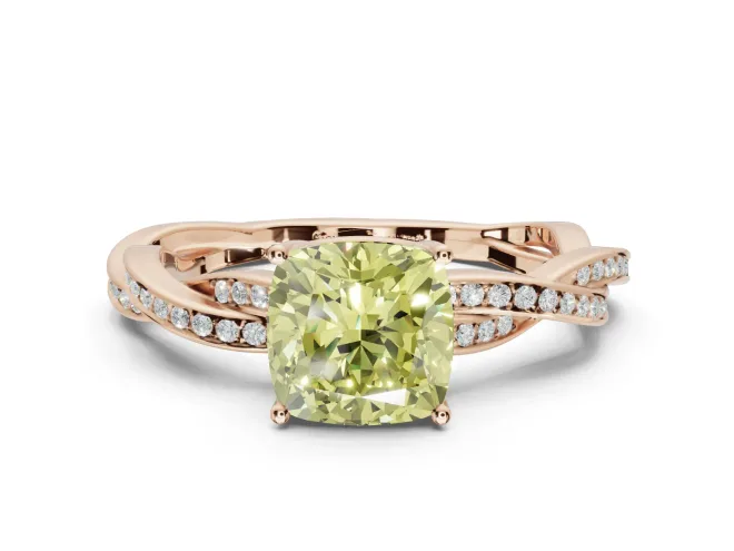Cushion Cut Twisted Pavé Solitaire Engagement Ring Setting for a Fancy Yellow Lab-Grown Diamond | Rose Gold
