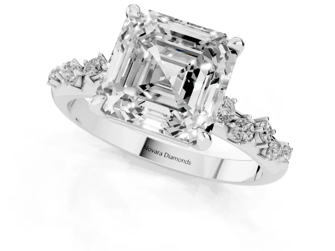 Asscher Cut Diamond Solitaire Vine Band Ring Set in Platinum with Round Accents and Prong Setting – second view