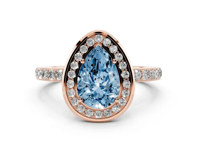 Pear-Shaped Bezel-Rim Halo Engagement Ring Setting for a Fancy Blue Lab-Grown Diamond | Pavé Band | Rose Gold