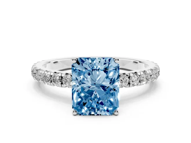 Fancy Blue Radiant Cut Diamond Pavé Solitaire Engagement Ring Set in Silver with Prong Setting