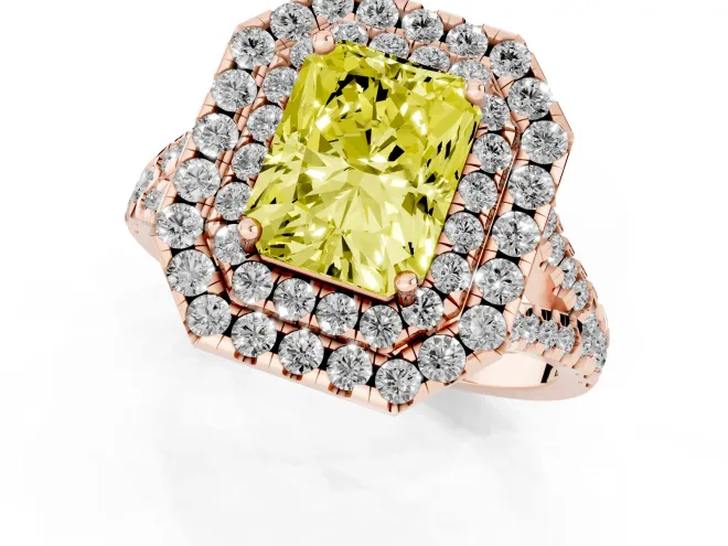 Fancy Yellow Radiant Cut Diamond Double Halo Ring Set in Rose gold with Pavé Split Shank and Prong Setting – second view
