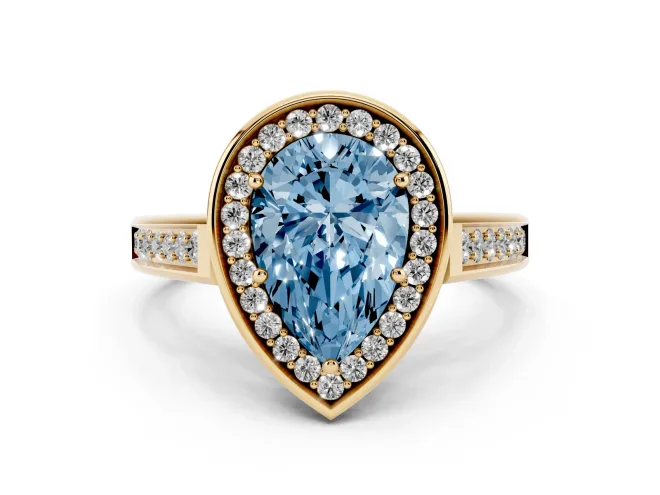 Pear-Shaped Rimmed Halo Engagement Ring Setting for a Fancy Blue Lab-Grown Diamond | Yellow Gold
