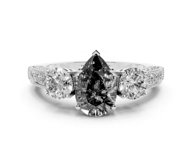 Fancy Black Pear Cut Diamond Three-Stone Ring Set in White gold with Round Side Stones and Pavé Band