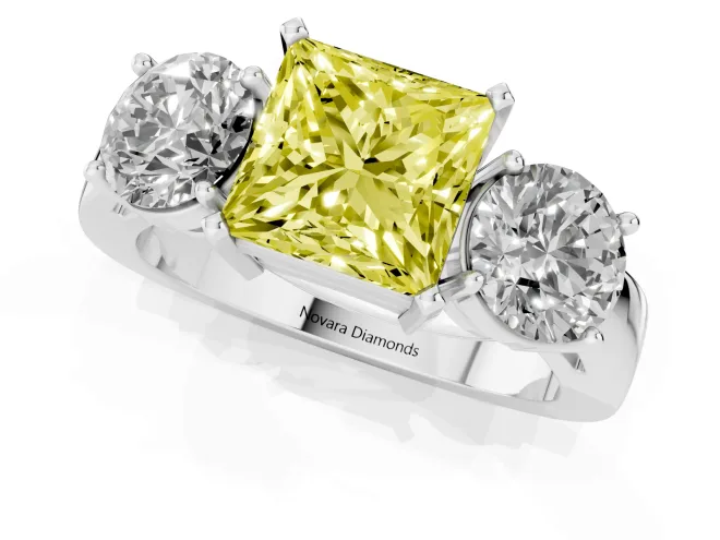Fancy Yellow Princess Cut Diamond Three-Stone Ring Set in Platinum with Round Side Stones and Classic Band – second view