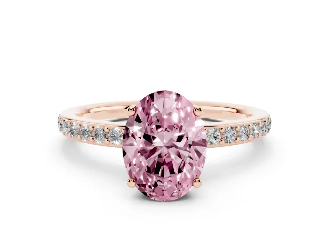 Oval Hidden Halo Engagement Ring Setting for a Fancy Pink Lab-Grown Diamond | Pavé Band | Rose Gold