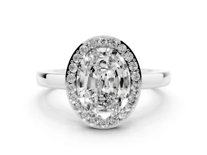 Oval Thin Halo Low Profile Engagement Ring Setting | Slim Plain Band | White Gold