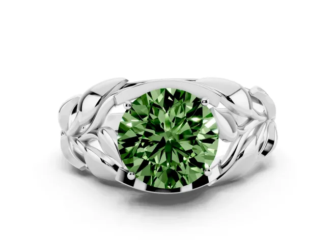 Fancy Green Round Cut Diamond Leaf-Inspired Engagement Ring Set in Silver with Round Accents