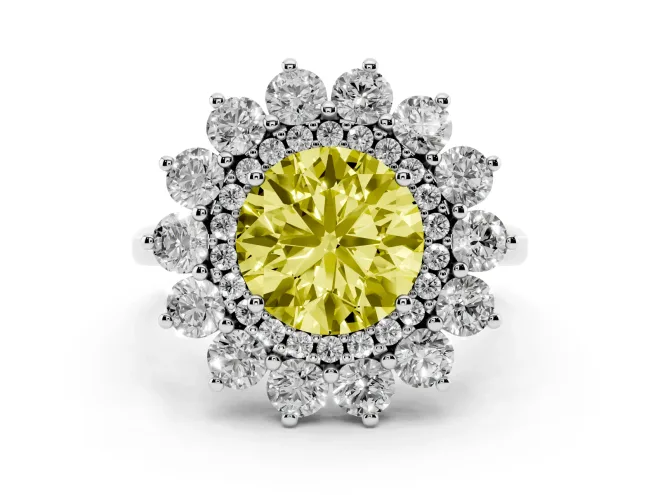Fancy Yellow Round Cut Diamond Floral Double Halo Ring Set in Silver with Round Petals