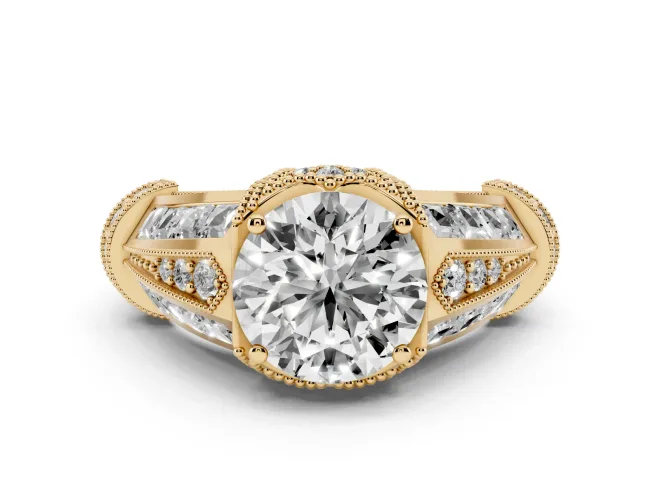 Round Cut Diamond Vintage-Inspired Milgrain Ring Set in Yellow gold with Accent Split Shank