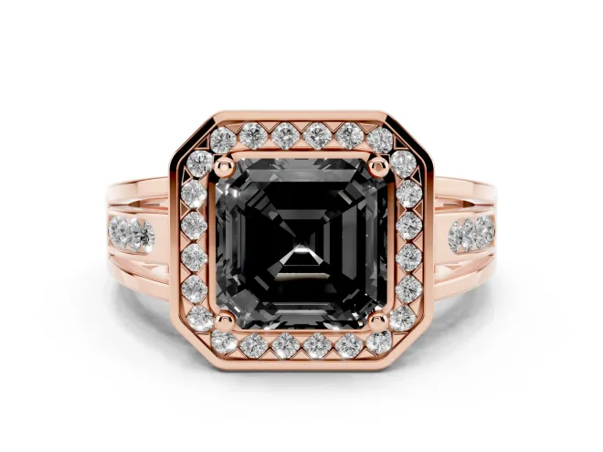 Fancy Black Asscher Cut Diamond Halo Ring Set in Rose gold with Pavé and Bezel Accent Split Shank