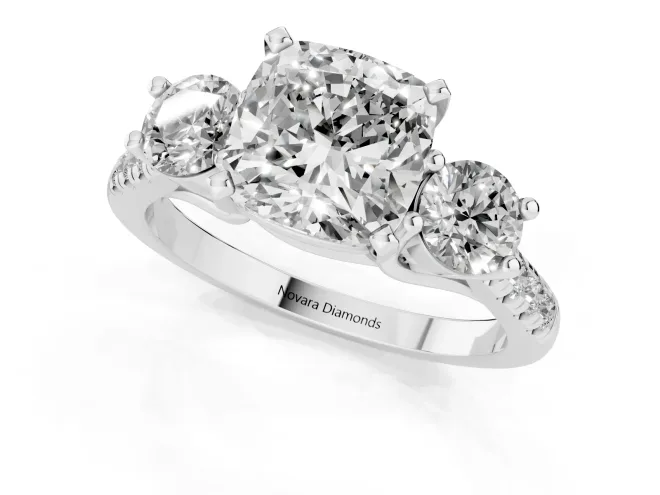 Three-Stone Cushion Cut Diamond Pavé Band Ring Set in White gold with Prong-Set Trio – second view