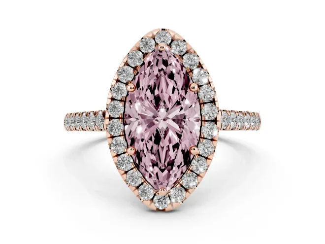 Fancy Pink Marquise Cut Diamond Halo Pavé Engagement Ring Set in Rose gold with Prong Setting