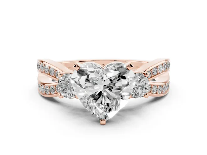 Heart-Shaped Three-Stone Pavé Twist Engagement Ring Setting | Split Shank | Rose Gold