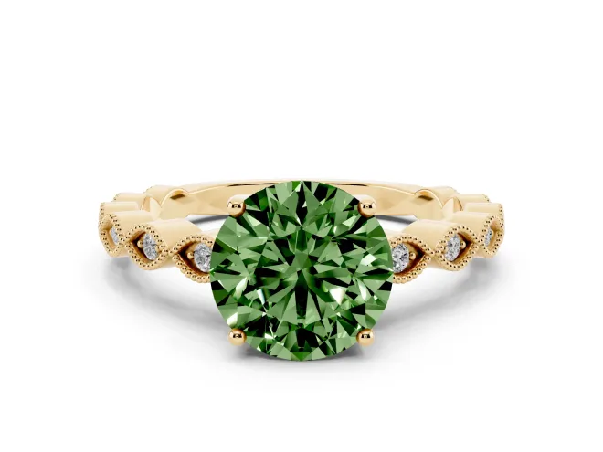Fancy Green Round Cut Diamond Solitaire Ring Set in Yellow gold with Infinity Twist Pavé Band