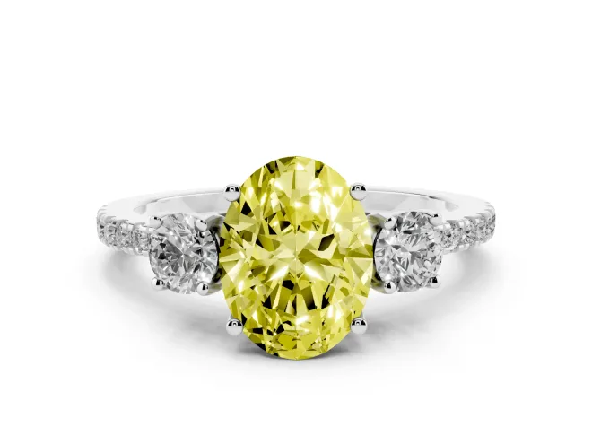 Oval Three Stone Engagement Ring Setting for a Fancy Yellow Lab-Grown Diamond | Pave Shoulders | Sterling Silver