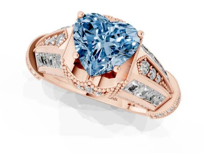 Fancy Blue Heart Cut Diamond Vintage-Inspired Milgrain Ring Set in Rose gold with Accent Split Shank – second view