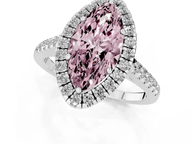 Fancy Pink Marquise Cut Diamond Halo Pavé Engagement Ring Set in Platinum with Prong Setting – second view