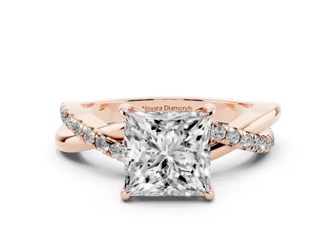 Princess Cut Crossover Pave Solitaire Engagement Ring Setting | Twisted Shoulders | Rose Gold