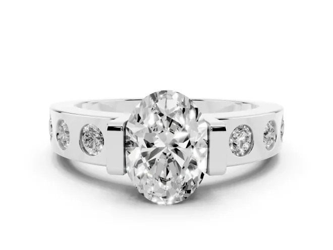 Oval Cut Diamond Channel-Set Band Ring Set in Silver with Bezel Prong Setting