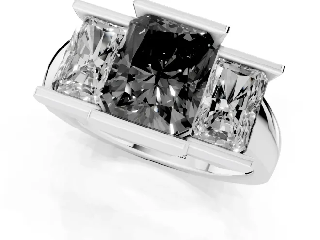 Fancy Black Radiant Cut Diamond Three-Stone Channel Set Ring Set in Silver with Smooth Polished Band – second view