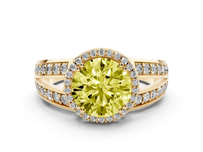 Fancy Yellow Round Cut Diamond Halo Ring Set in Yellow gold with Double Pavé Split Shank
