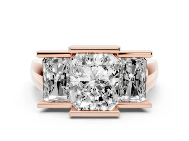 Radiant Cut Diamond Three-Stone Channel Set Ring Set in Rose gold with Smooth Polished Band