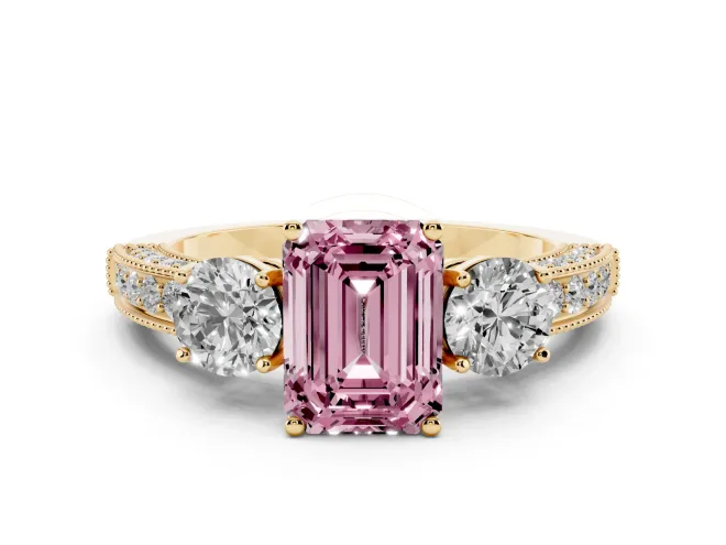 Fancy Pink Emerald Cut Diamond Three-Stone Ring Set in Yellow gold with Round Side Stones and Pavé Band