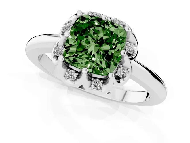 Fancy Green Cushion Cut Diamond Round Cluster Halo Ring Set in Platinum with Solitaire Band and Prong Setting – second view