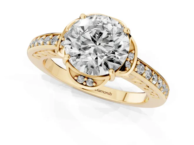 Round Cut Diamond Halo Ring Set in Yellow gold with Channel Set Band and Prong Setting – second view