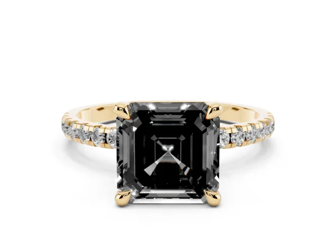 Fancy Black Asscher Cut Diamond Brilliant Solitaire Ring Set in Yellow gold with Pavé Band and Prong Setting