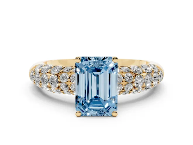 Emerald Cut Multi Row Pavé Engagement Ring Setting for a Fancy Blue Lab-Grown Diamond | Yellow Gold