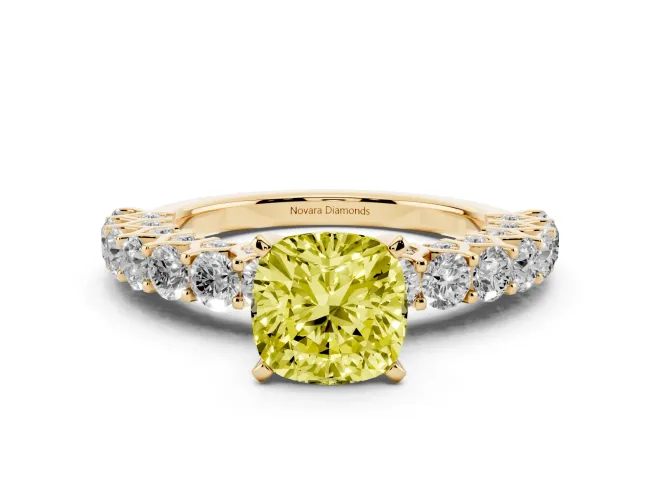 Fancy Yellow Cushion Cut Diamond Solitaire Ring Set in Yellow gold with Shared Prong Pavé Band